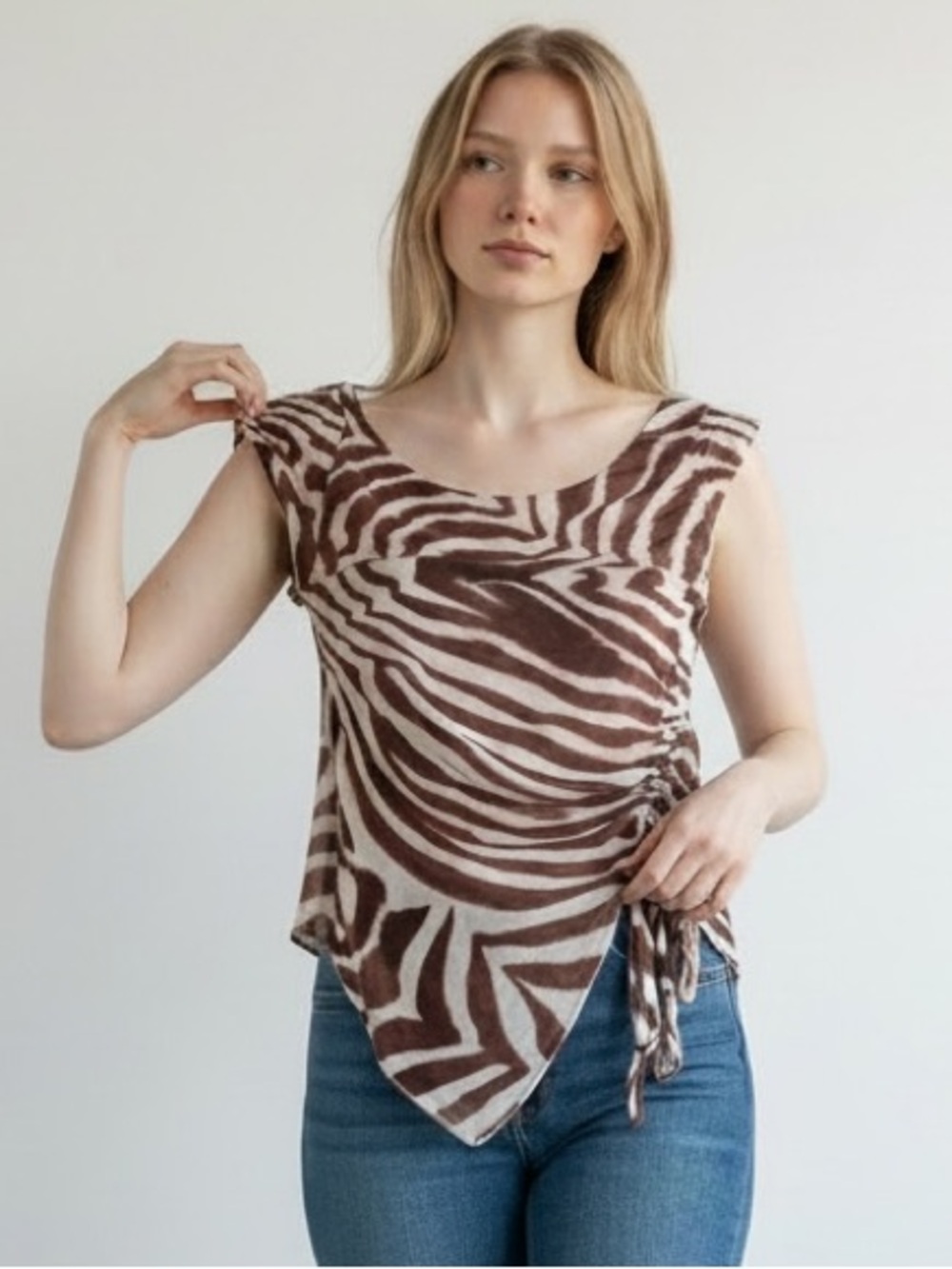 Zebra Print Ruched Asymmetrical Top NWT See You Monday Large